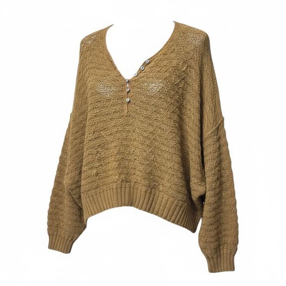 Free People Boho Slouchy Shoulder Mustard Yellow Crochet Crop Top Sweater Medium - Picture 1 of 10